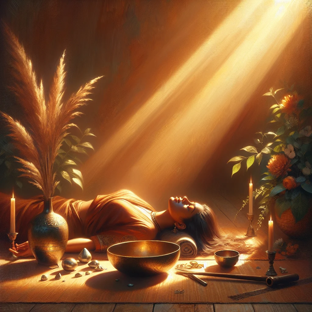 Person lying down peacefully during a crystal sound meditation session