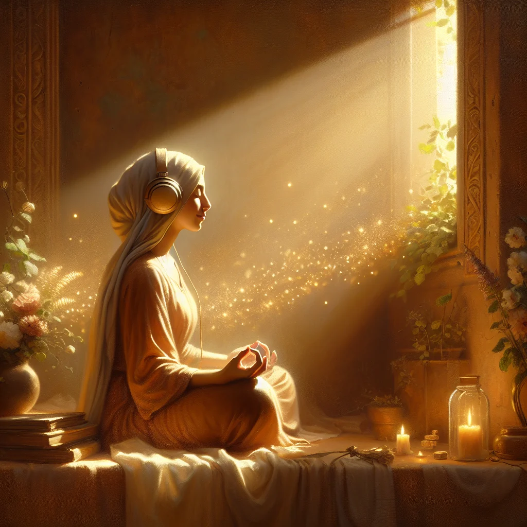 Person meditating peacefully with headphones during a sound healing hz session, surrounded by calming ambient light