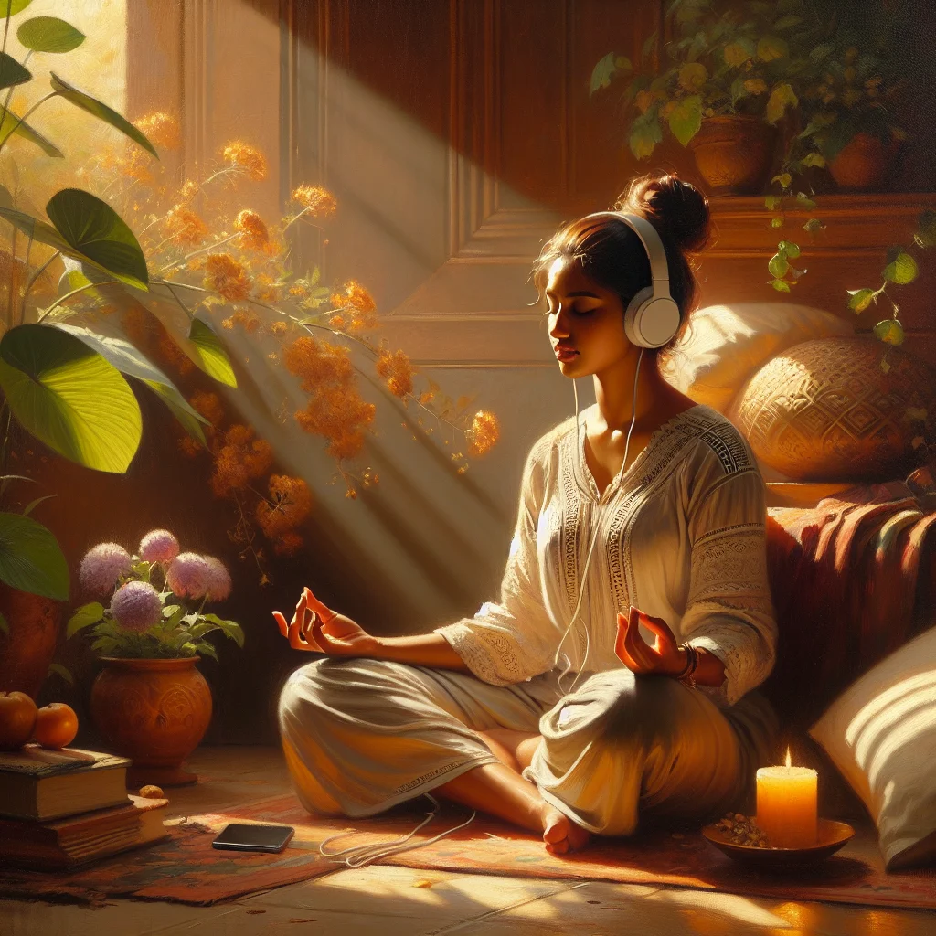 person-listening-to-meditation-with-headphones Person wearing headphones while meditating peacefully with smartphone showing Spotify meditation playlist