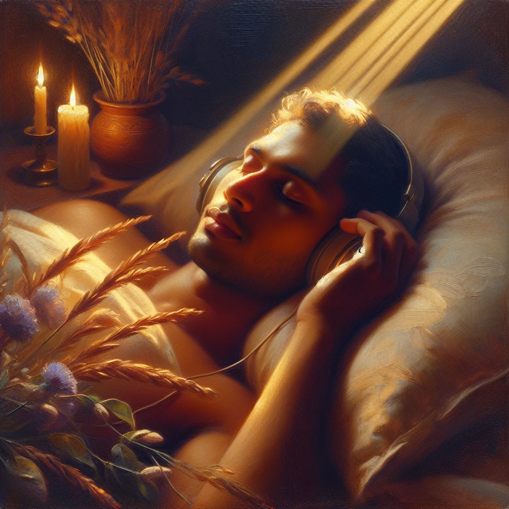 Person relaxing in bed while listening to sound healing sleep music through headphones in a peaceful bedroom environment