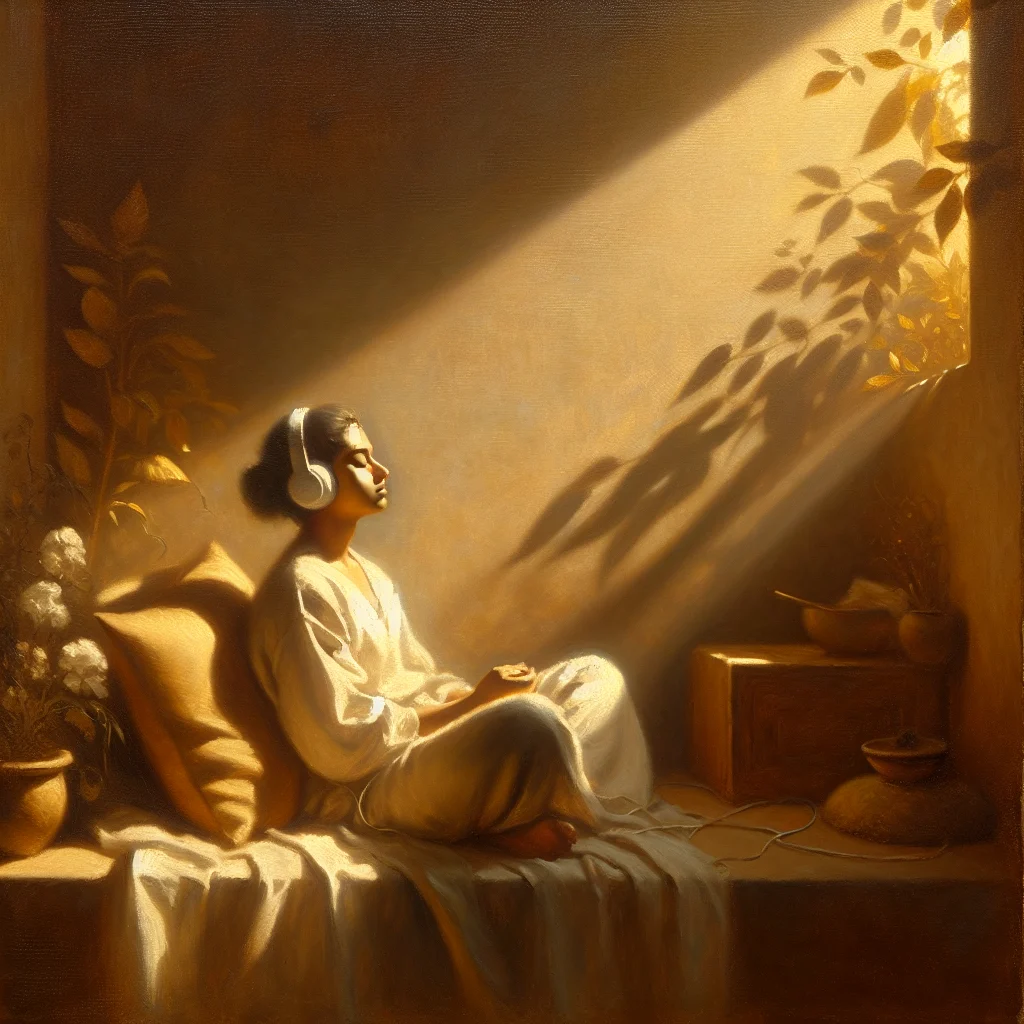 Person relaxing peacefully while listening to music therapy with headphones in a calming environment