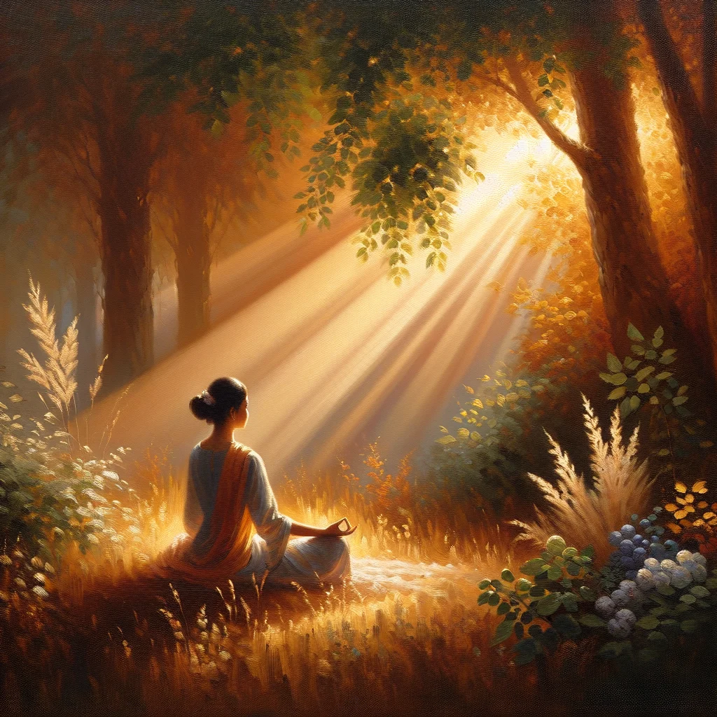 Person sitting in meditation pose outdoors surrounded by nature with warm sunlight