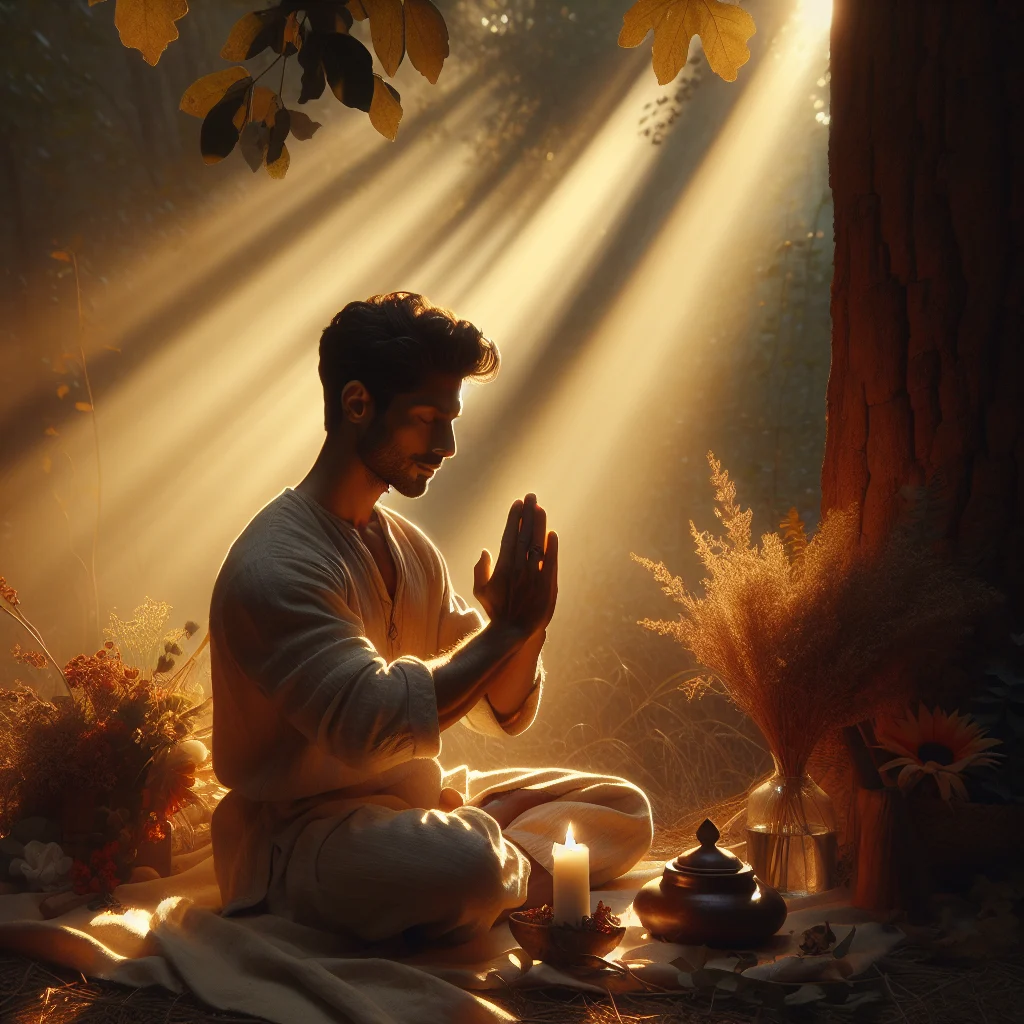 Person practicing gratitude meditation outdoors in serene natural setting