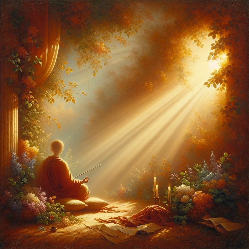Person practicing meditation in a calm, peaceful environment with natural lighting