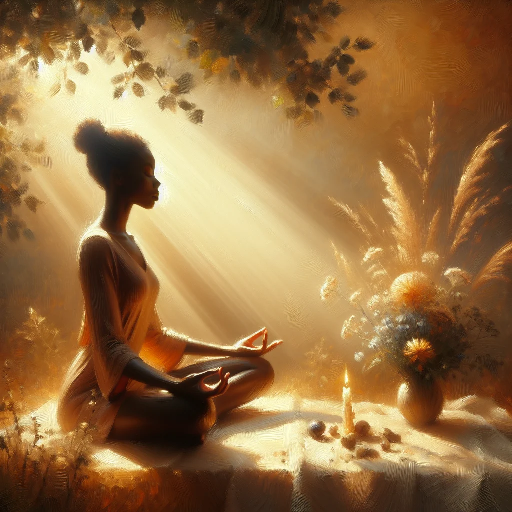 Person practicing meditation and calmness in a serene outdoor setting surrounded by nature