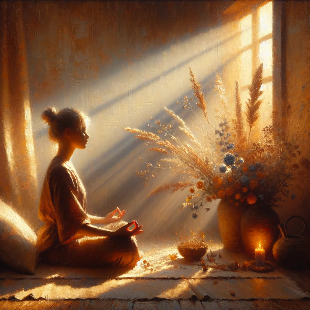 person-meditating-peacefully-at-sunrise Person sitting in a peaceful morning meditation posture at sunrise, demonstrating guided meditation morning 5 minutes practice