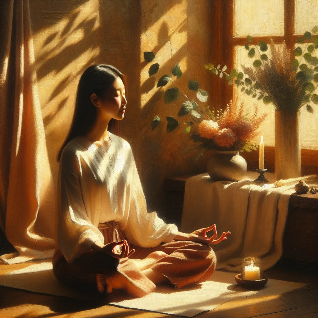 person-meditating-peacefully-indoors Person sitting cross-legged in meditation to calm anxiety in a serene indoor space with natural light