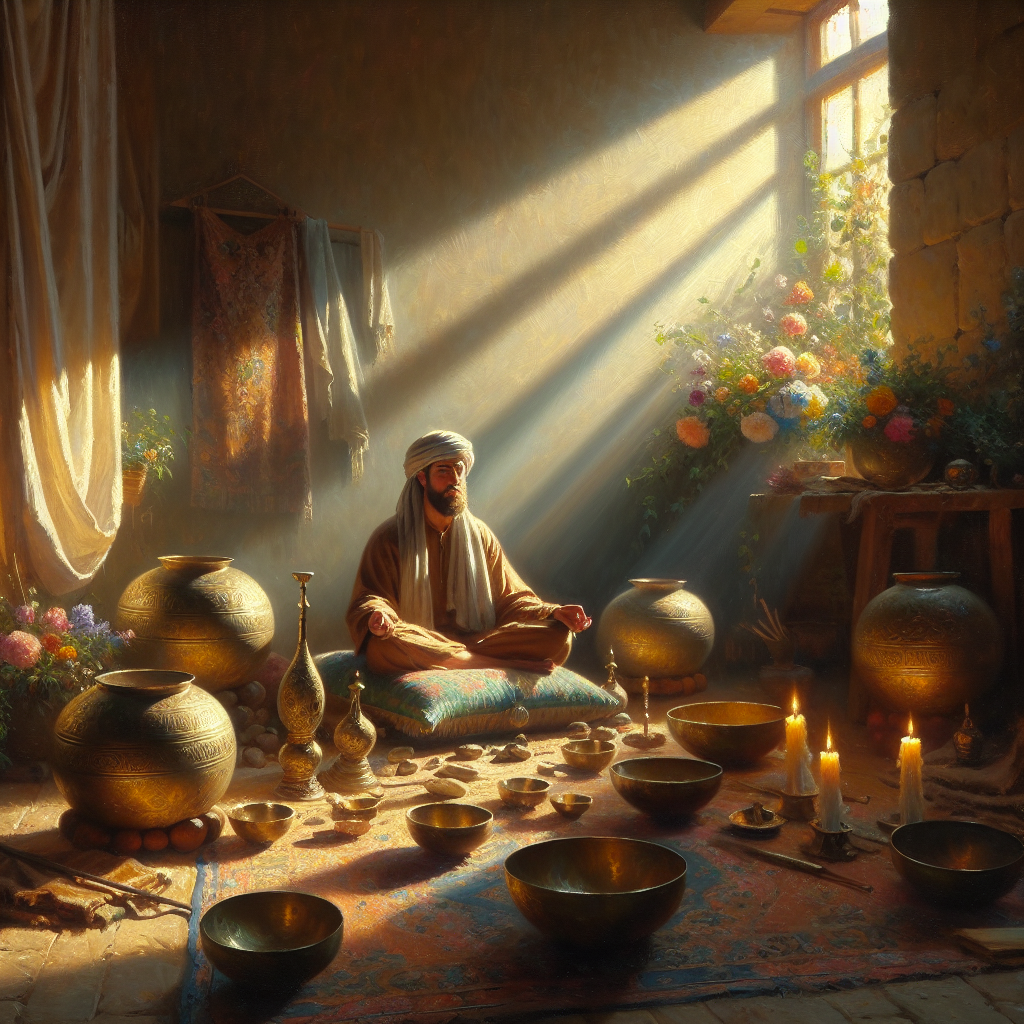 Person sitting in meditation posture surrounded by crystal singing bowls during sound healing practice