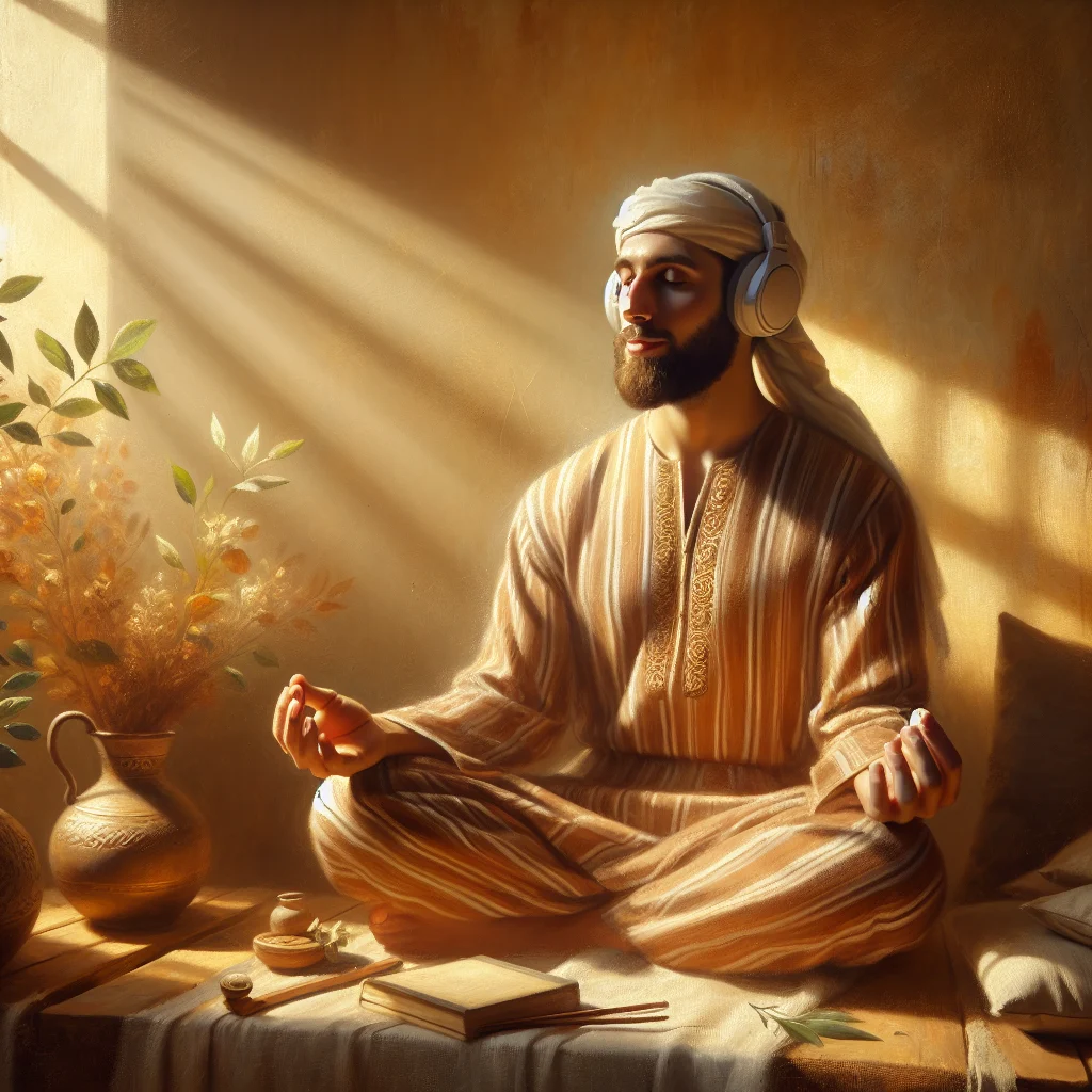 person-meditating-with-headphones Person practicing a guided meditation session with headphones in peaceful home environment