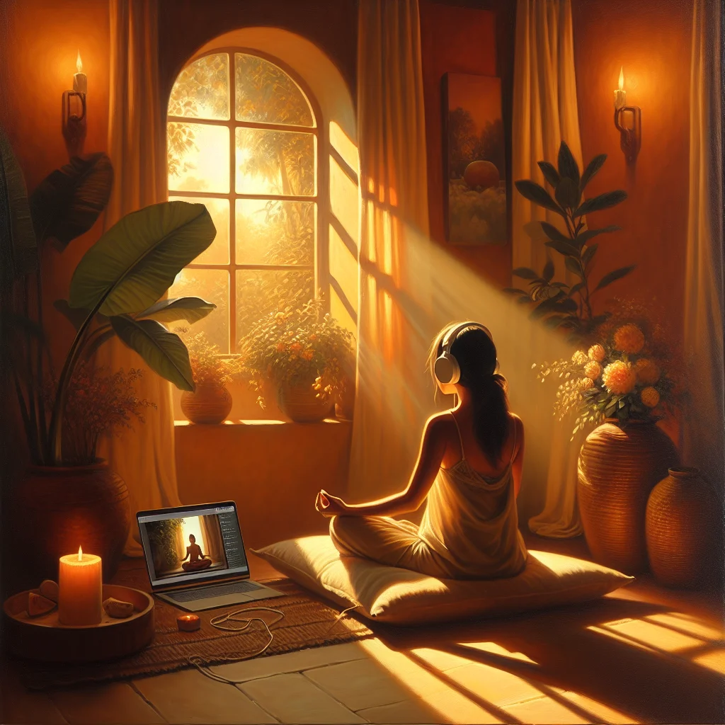 Person sitting cross-legged meditating while watching daily meditation YouTube video on laptop with headphones