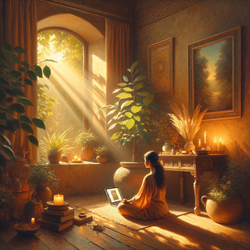 Person practicing www mindfulness meditation at home with laptop in a serene environment