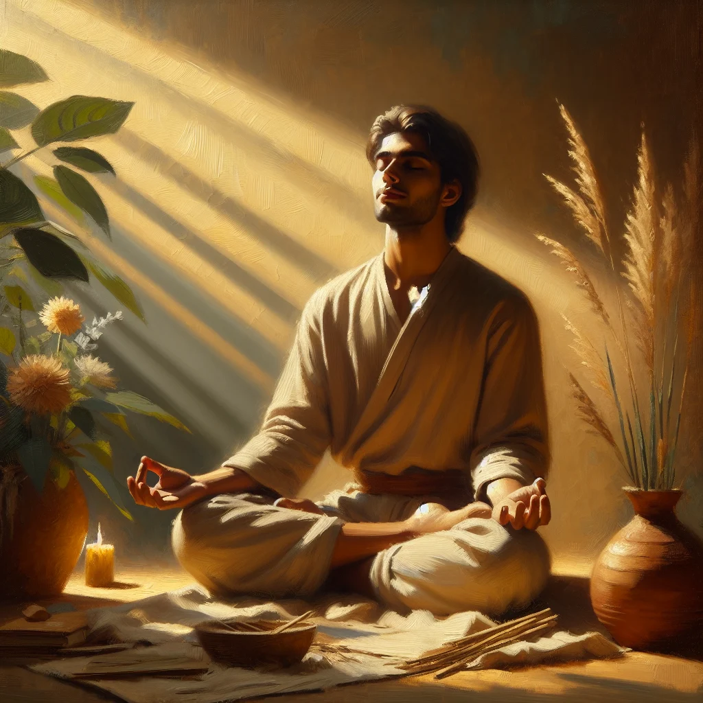 Person sitting in meditation position with eyes closed, demonstrating mindful awareness and peaceful contemplation