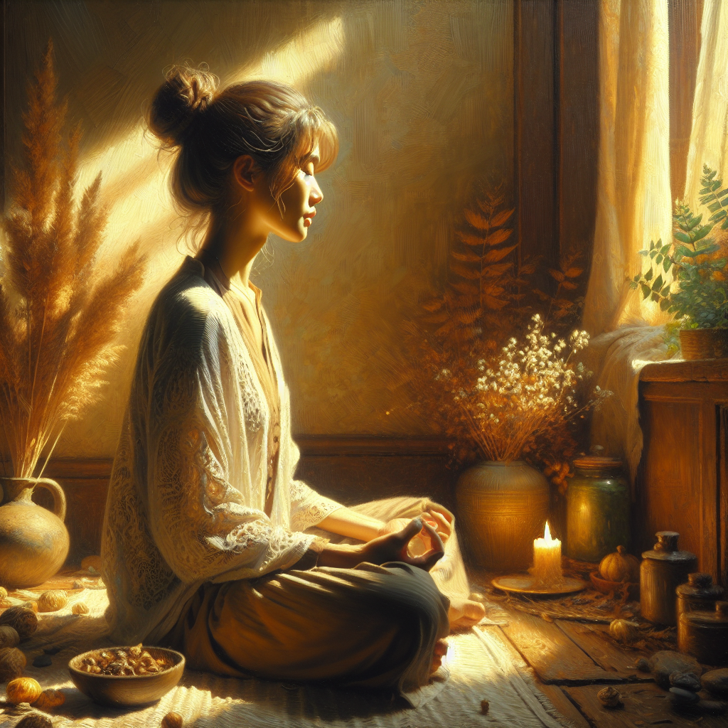 Person sitting in meditation position with eyes closed, demonstrating mindful awareness and peaceful contemplation