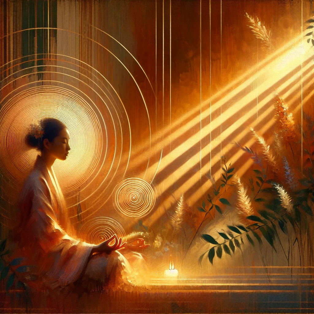 Person meditating peacefully while surrounded by visible high frequency sound waves during a healing session
