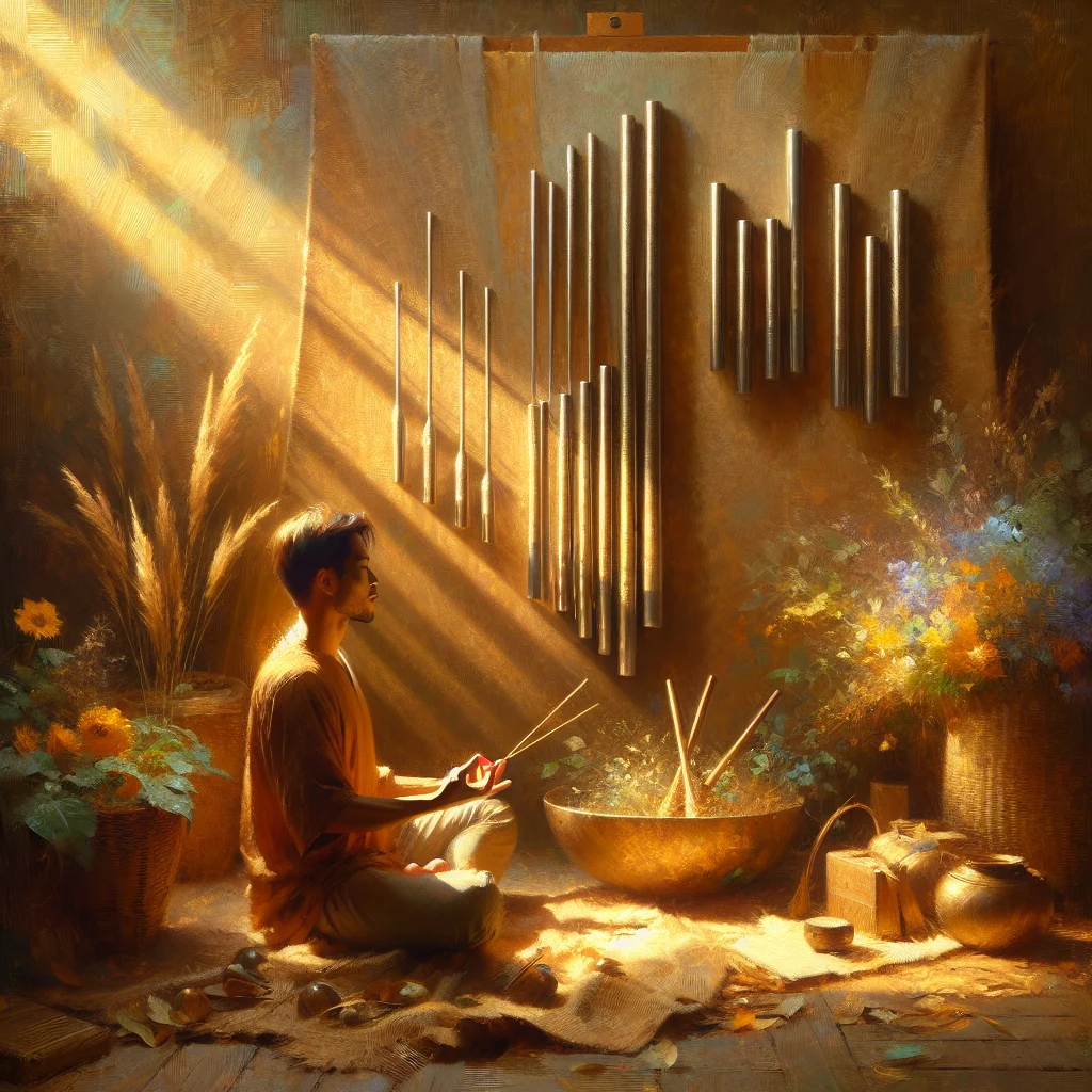 Person practicing sound healing meditation with tuning forks representing different hertz frequencies