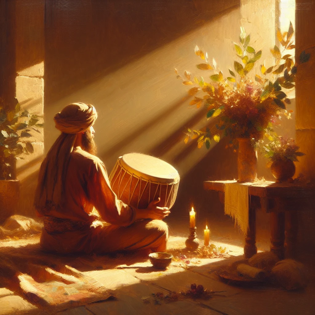 Person engaged in healing drum practice during meditation session for wellness and stress relief