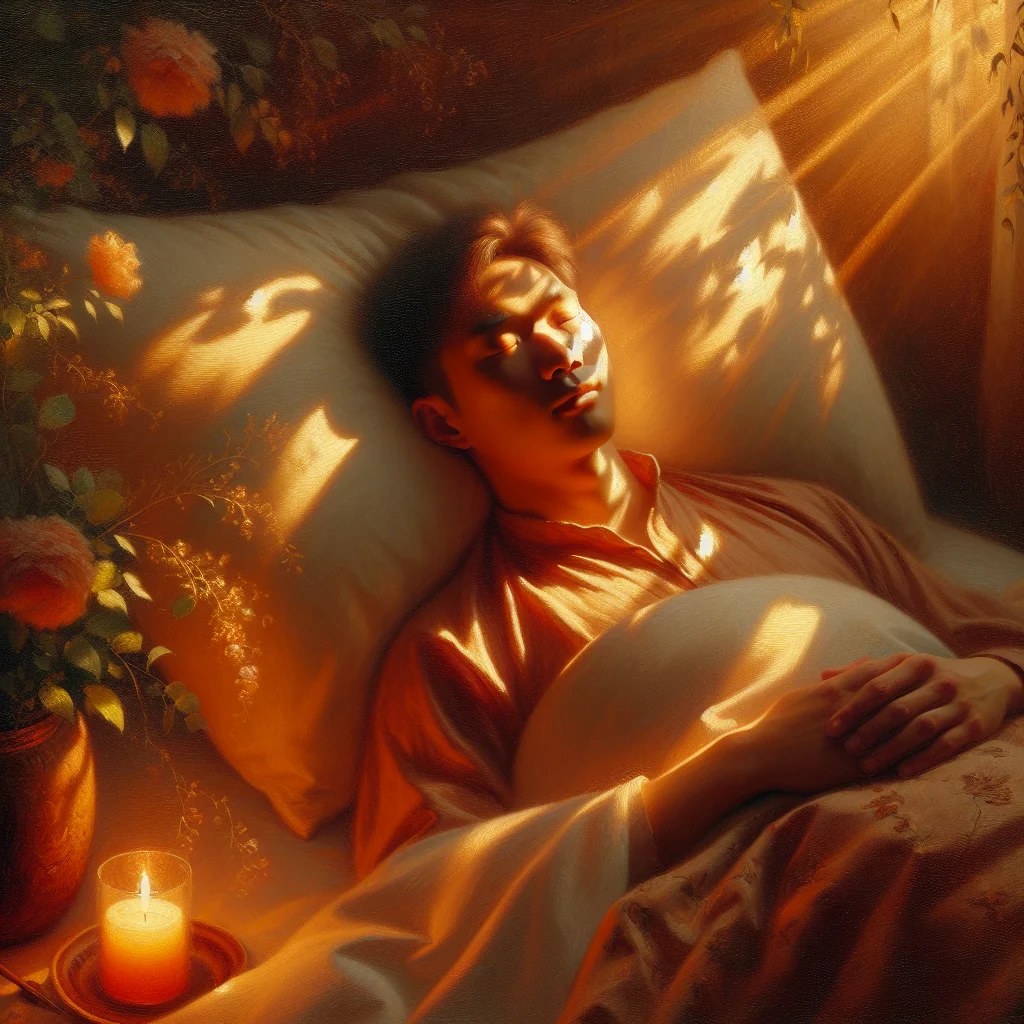Person sitting peacefully in bed practicing meditation in sleep preparation with soft evening light