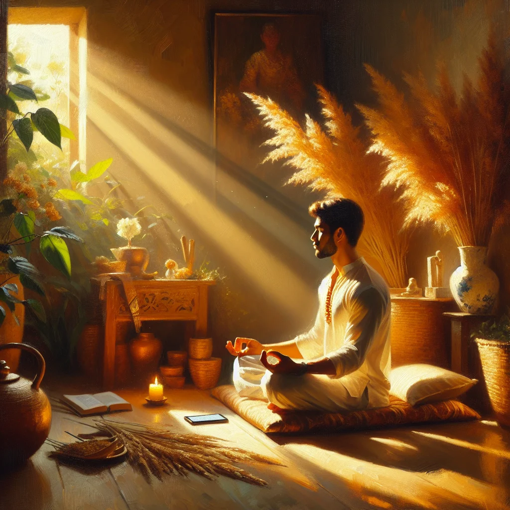 Person sitting in comfortable meditation posture following along with guided meditation session on digital device