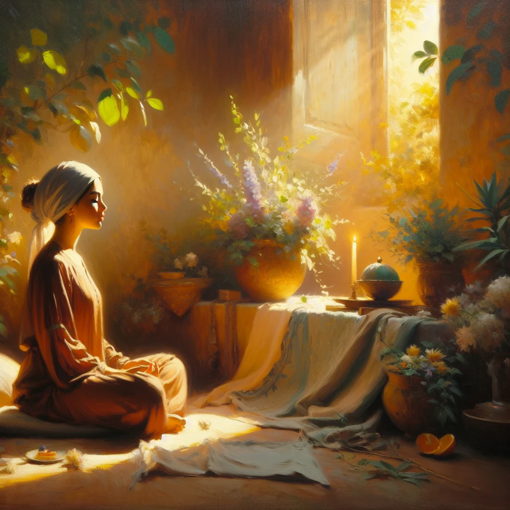 Person sitting in comfortable meditation pose in a peaceful room with plants, practicing mindfulness for anxiety management