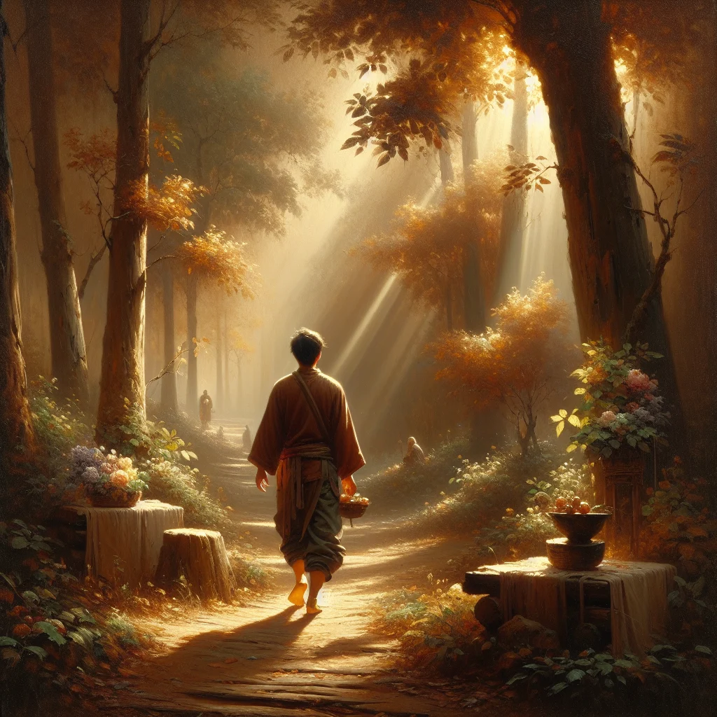 person-practicing-mindful-walking-in-nature Person walking slowly and deliberately on a peaceful forest path, demonstrating mindful awareness in movement