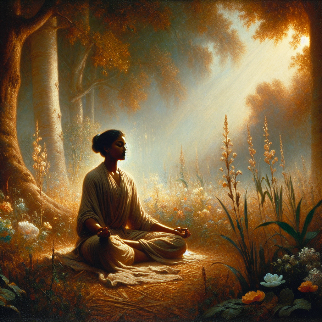 Person sitting peacefully in nature practicing mindfulness meditation with closed eyes and relaxed posture