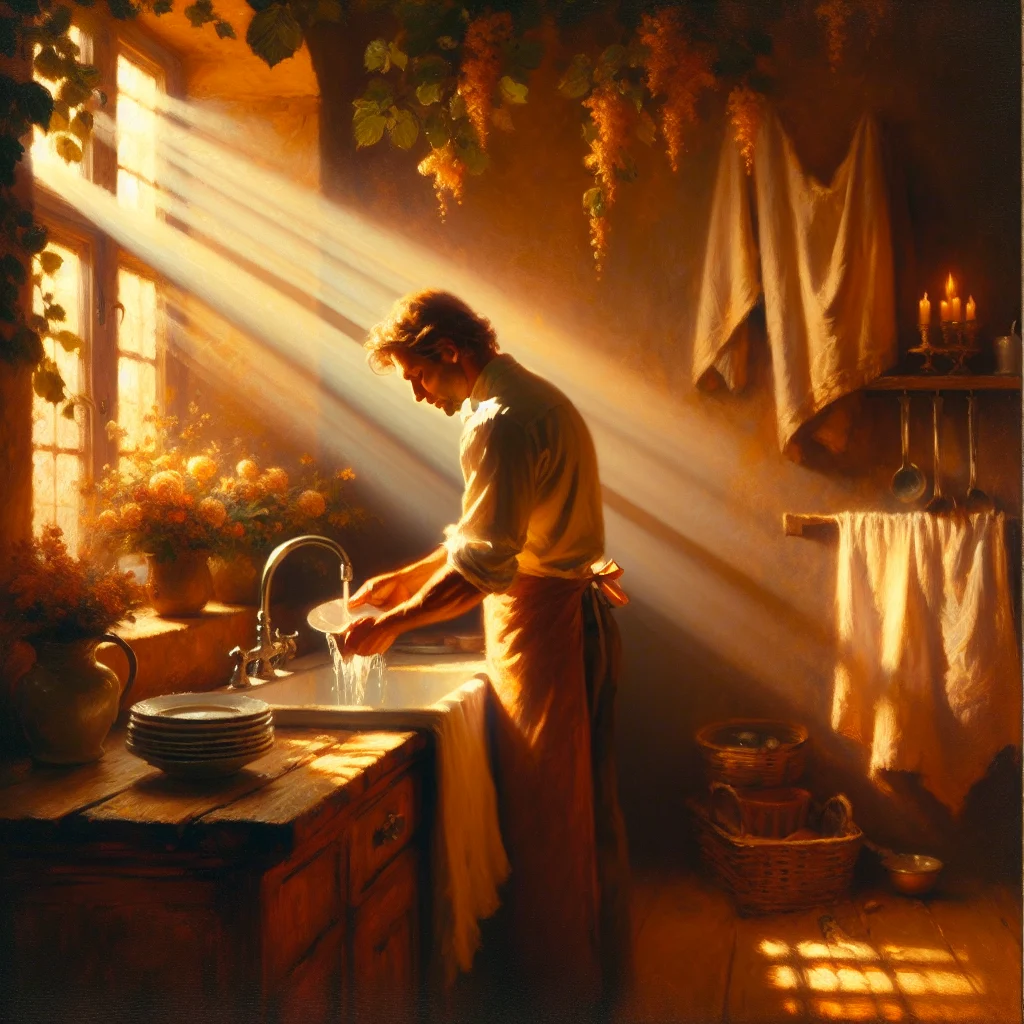 person-washing-dishes-with-mindful-awareness Close-up of hands mindfully washing dishes in a kitchen sink, illustrating mindful awareness during daily tasks