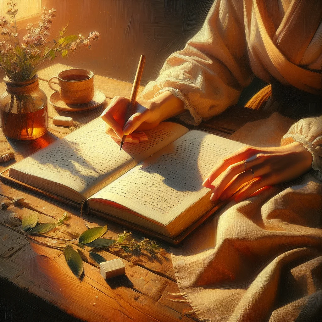 Person's hands writing emotional balance affirmations in a journal with a peaceful morning atmosphere