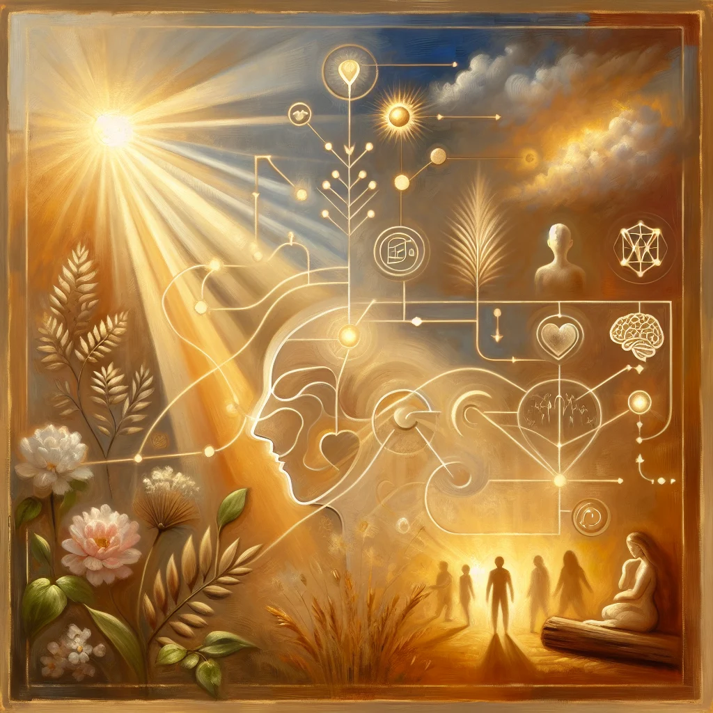 Vibrant illustration showing interconnected elements representing benefits of a positive mindset including brain health, heart wellness, social connections, and personal growth symbols