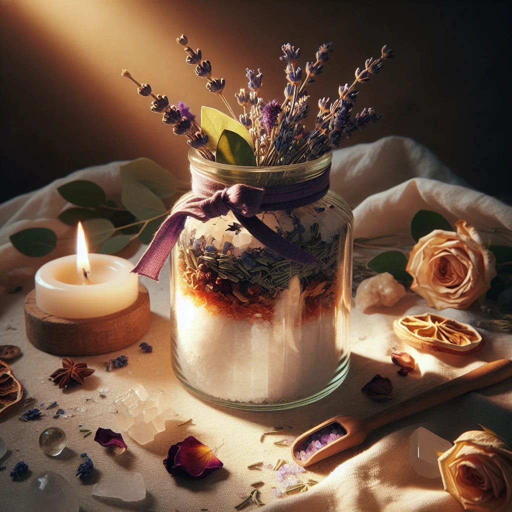 Completed emotional healing spell jar sealed with wax, decorated with ribbon, and surrounded by rose quartz crystals on altar space