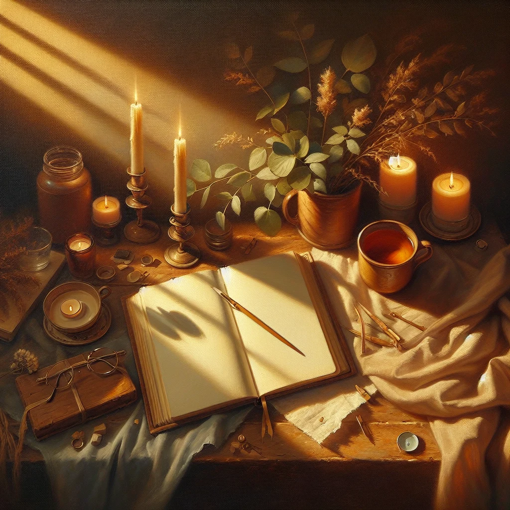 Peaceful morning self love routine with journal, tea, and mindfulness practice setup
