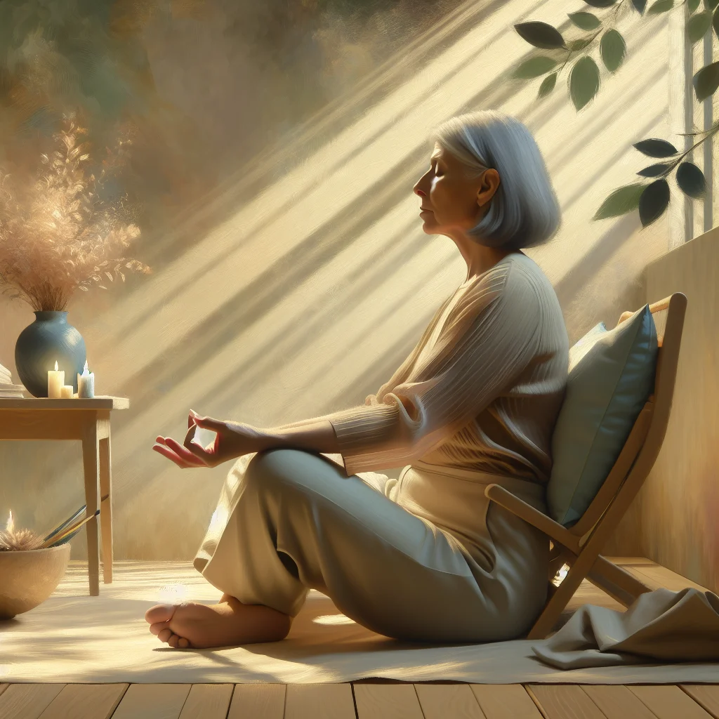 Senior woman sitting peacefully with eyes closed practicing mindfulness breathing exercises in a comfortable chair