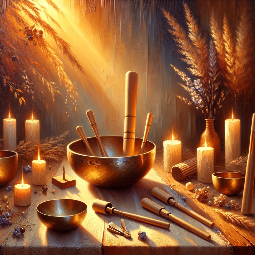 Beautiful arrangement of Tibetan singing bowls and tuning forks used for high frequency sound meditation therapy