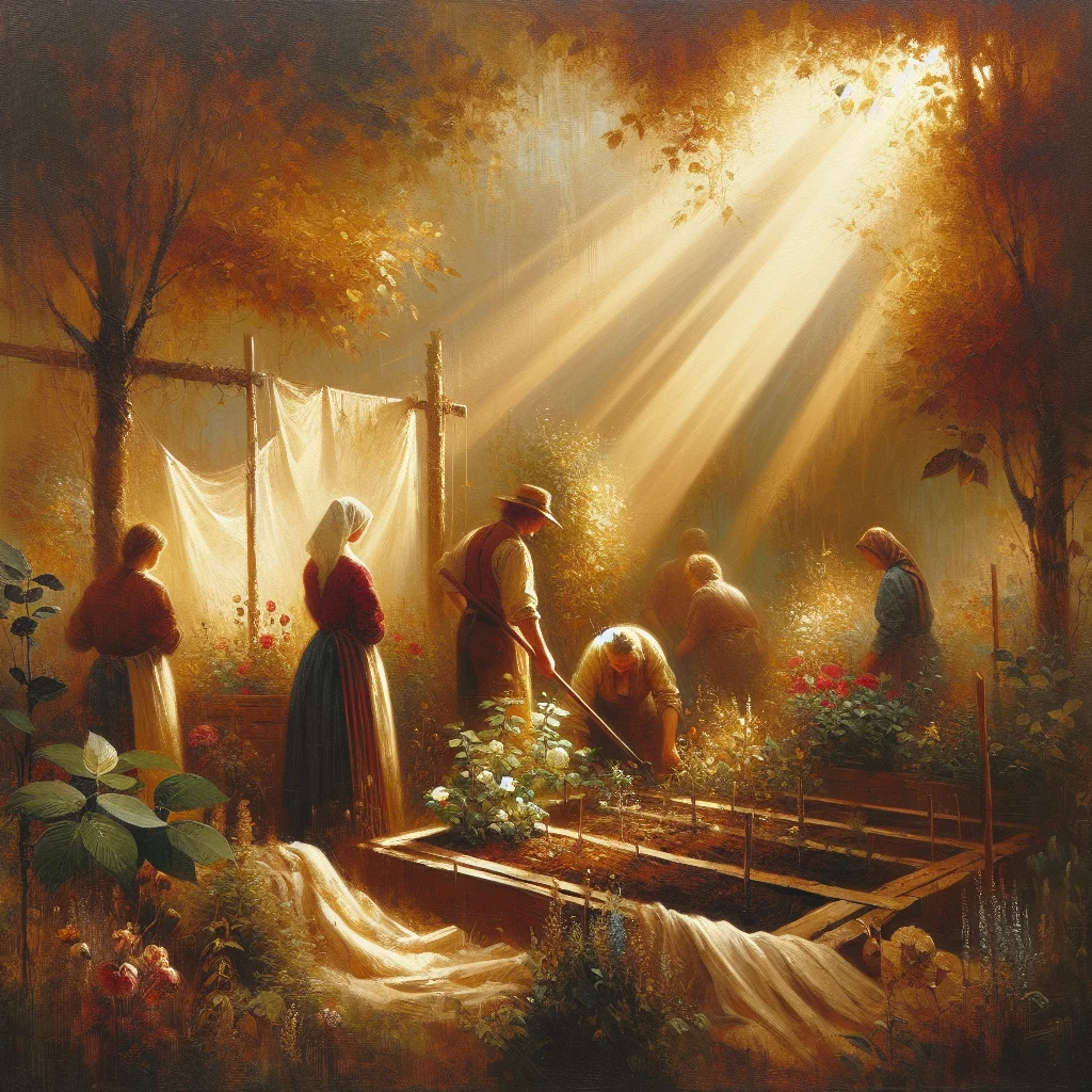 slow-living-community-garden-gathering Community members gathering in a garden space practicing Hemanaire slow living valley principles through shared cultivation