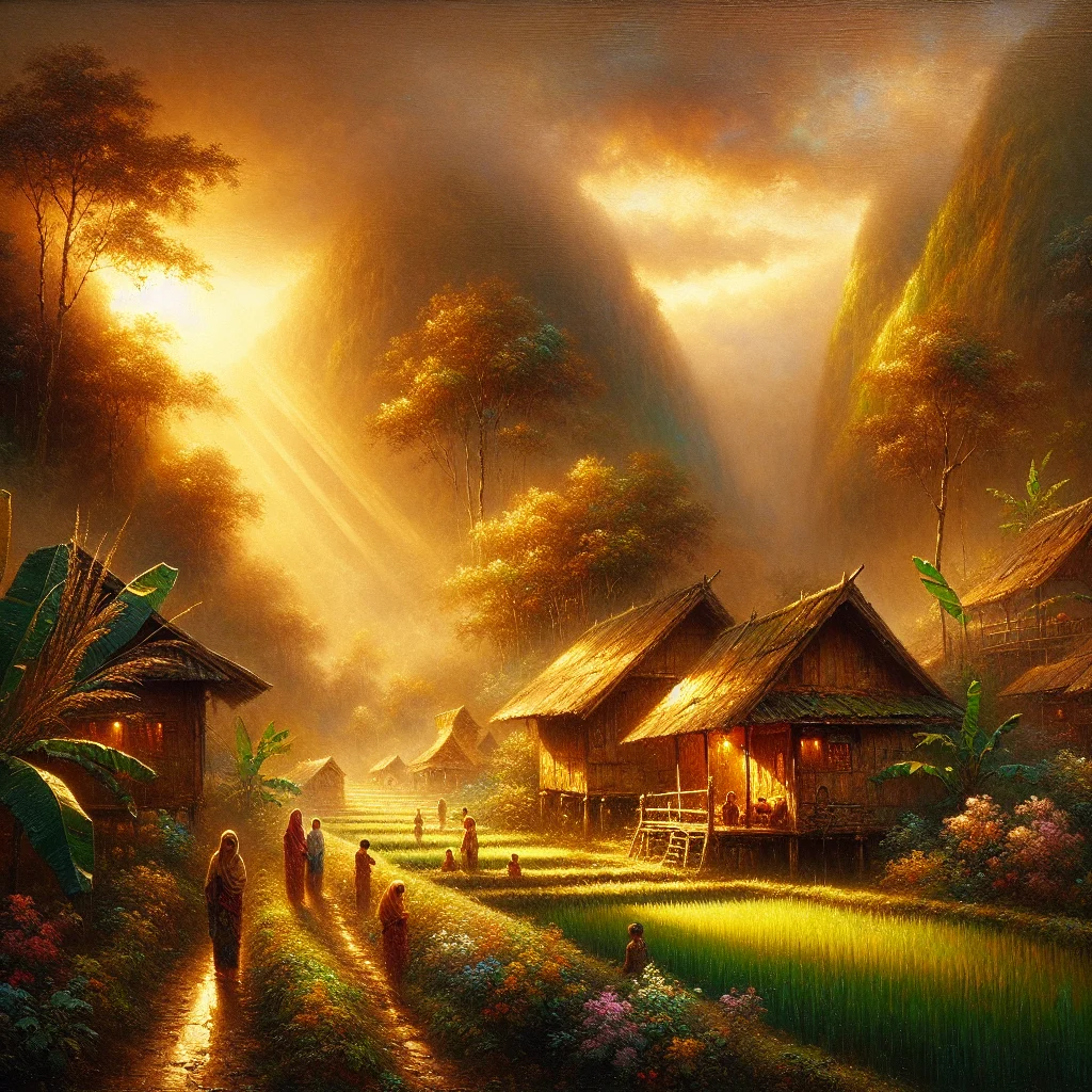 Traditional Indonesian village scene representing slow living bahasa indonesianya with peaceful countryside and simple lifestyle