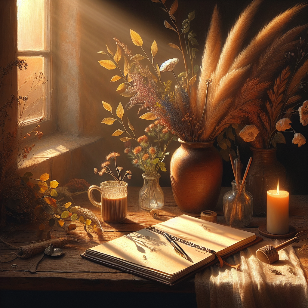 slow-living-journal-on-wooden-table slow living journal with pen on rustic wooden table surrounded by plants and morning coffee