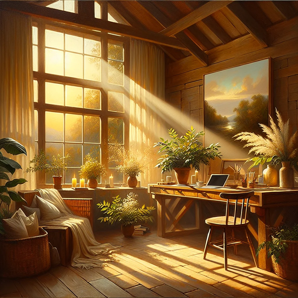 Cozy interior of slow living lodge showing workspace with natural light and comfortable furnishings surrounded by plants