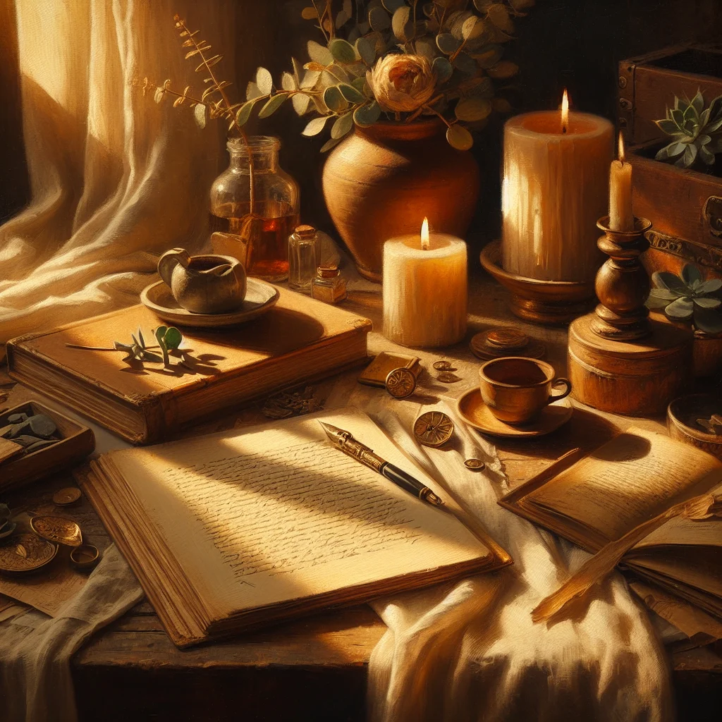 Printed slow living PDF workbook with tea cup and plants on wooden table