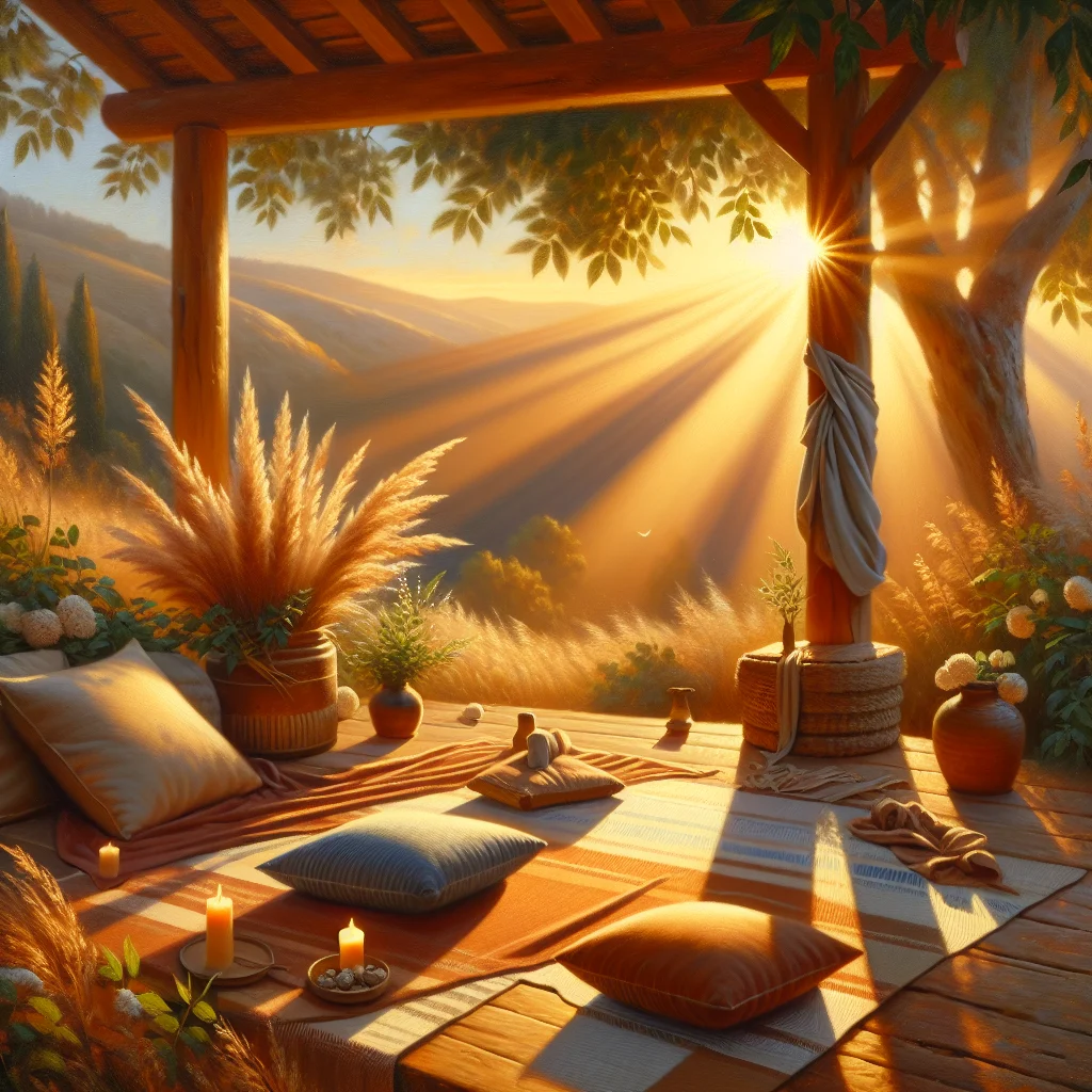 Outdoor meditation deck at a slow living resort with natural wood elements and mountain views