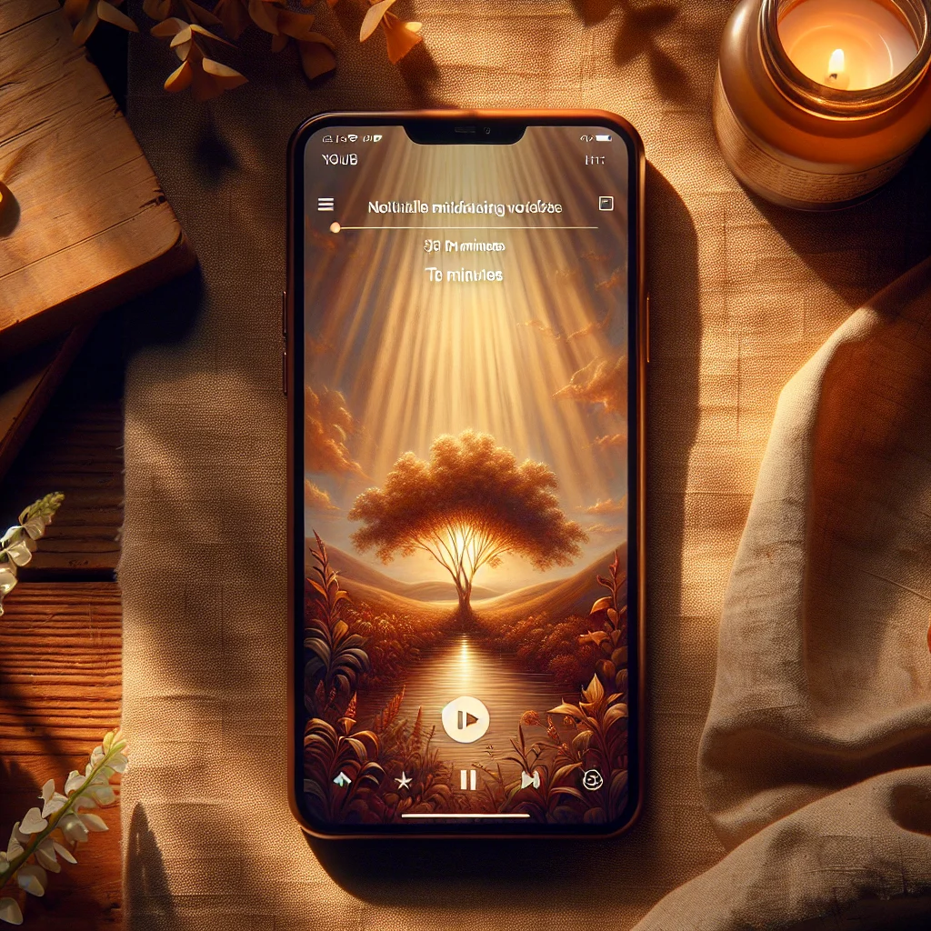 Smartphone screen displaying ten minute meditation YouTube video with peaceful background and play button