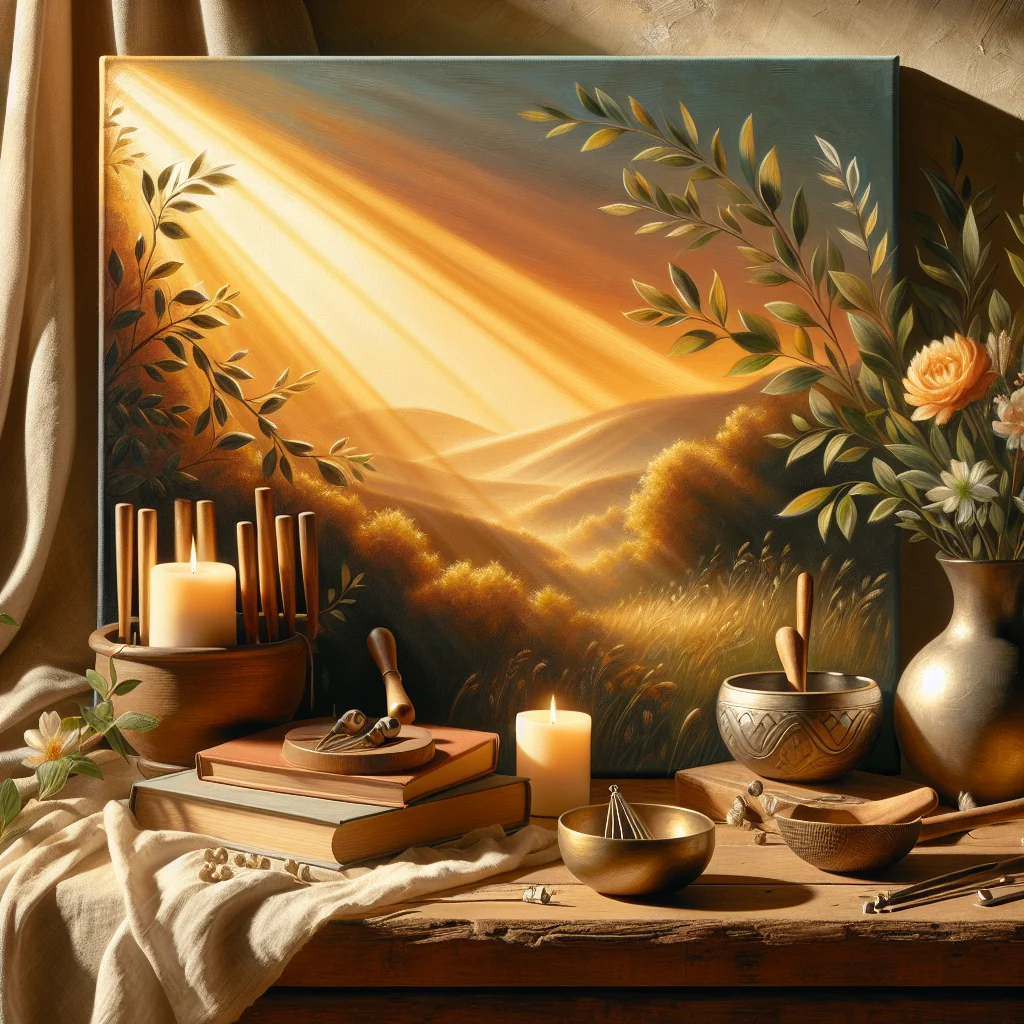 Collection of sound healing books arranged with singing bowls and tuning forks on a peaceful meditation space