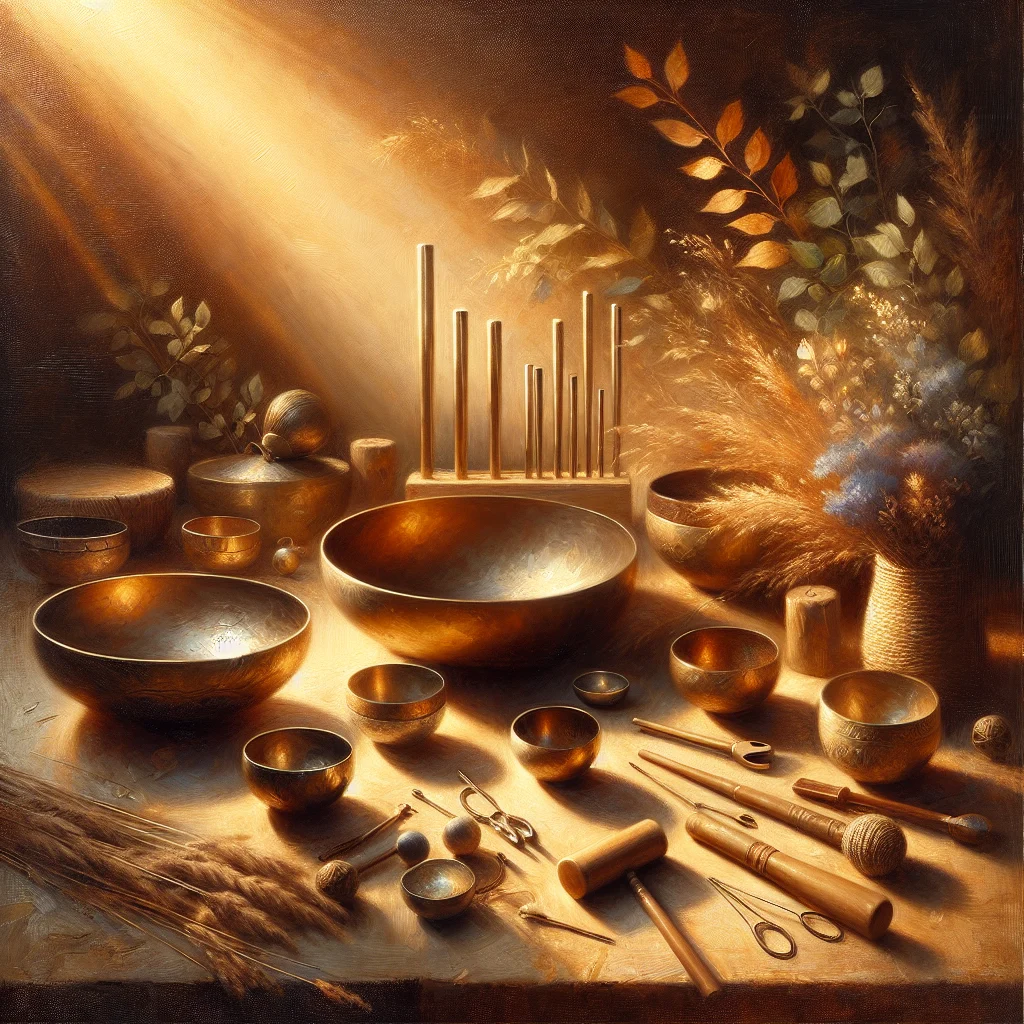Collection of sound healing instruments including singing bowls, tuning forks, and chimes arranged on a peaceful meditation space