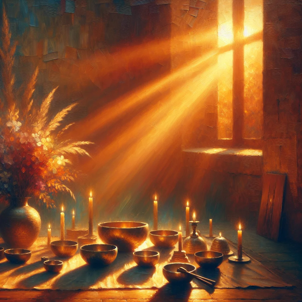 Collection of sound healing instruments including singing bowls and meditation setup for creating sleep music atmosphere