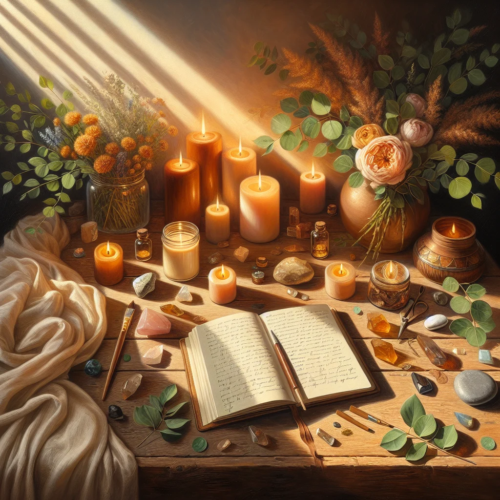 Journal, candles, and spiritual wellness items arranged on peaceful meditation space