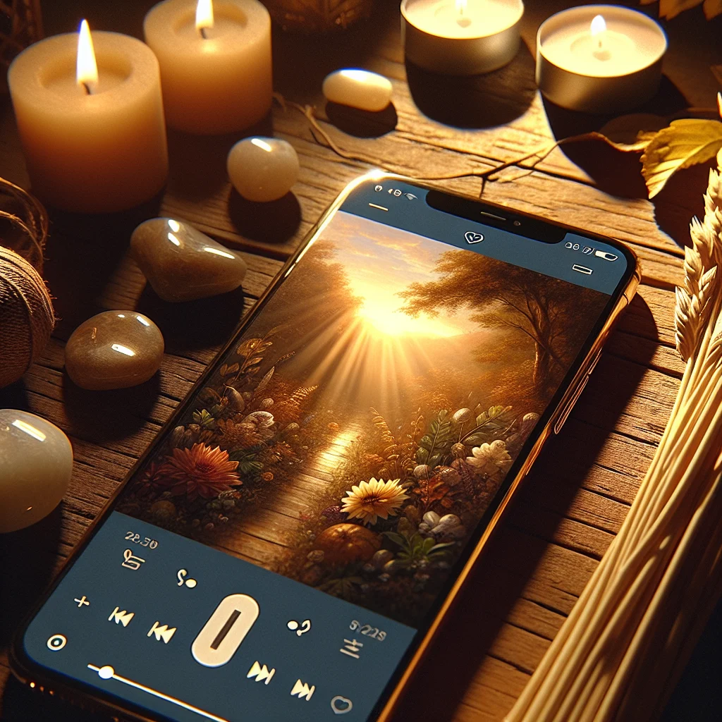 spotify-meditation-playlist-on-smartphone-screen Smartphone displaying Spotify app with meditation playlist and calming nature background