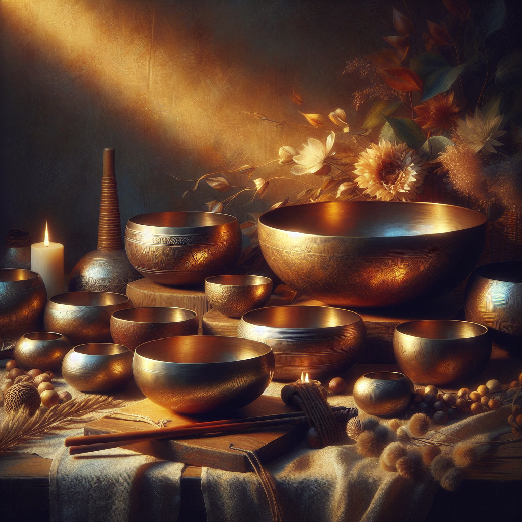 Collection of Tibetan singing bowls arranged for sound healing meditation session