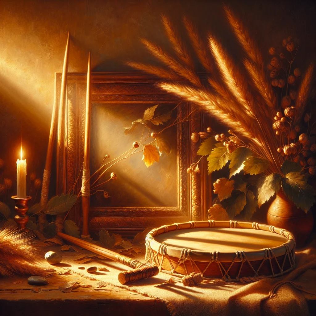 Traditional healing drum used in therapeutic ceremony with natural materials and decorated surface