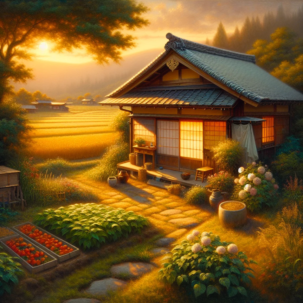 A peaceful Japanese countryside home surrounded by nature, exemplifying the slow living aesthetic from Japanese cinema