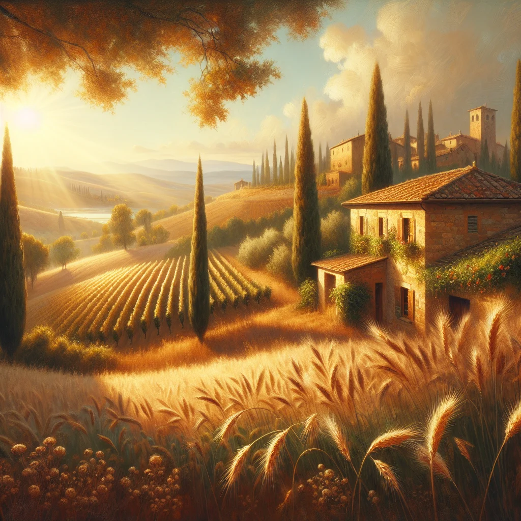 Tuscan countryside at sunset with rolling hills, cypress trees, and traditional stone farmhouse surrounded by vineyards