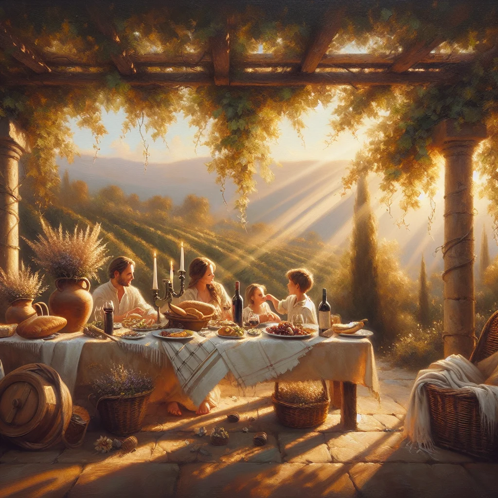 Outdoor table setting in Tuscany with family sharing a traditional Italian meal under vine-covered pergola