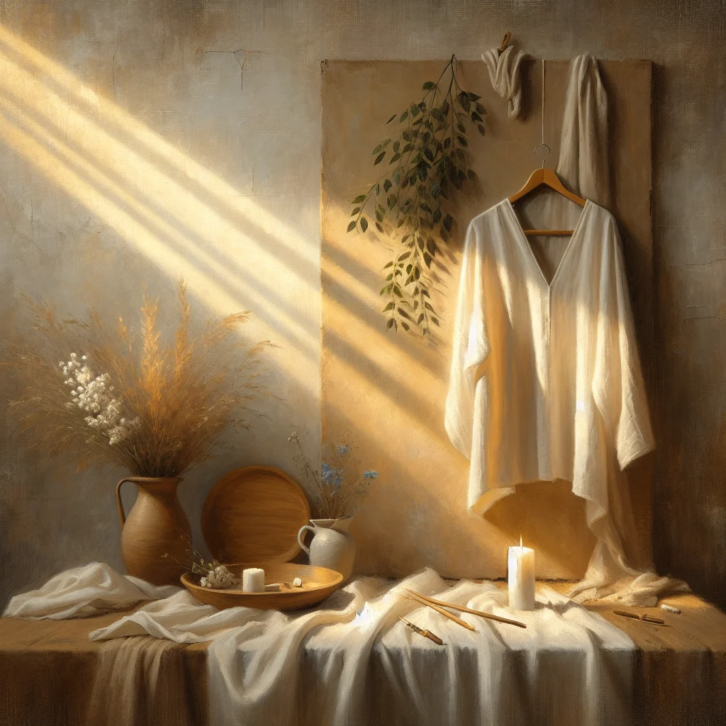 white-linen-top-hanging-naturally White linen top displayed on wooden hanger against minimalist background showcasing natural fabric texture